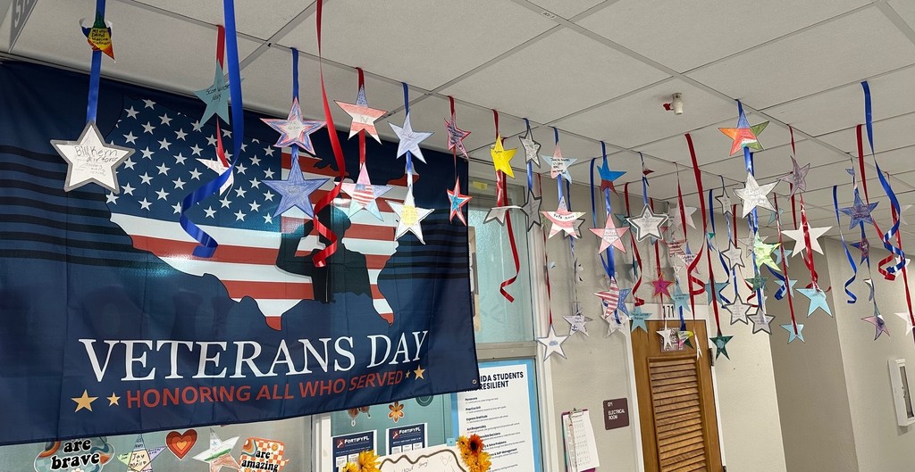 Veteran's Day display with dangling stars (Veterans) with Vets names on them.
