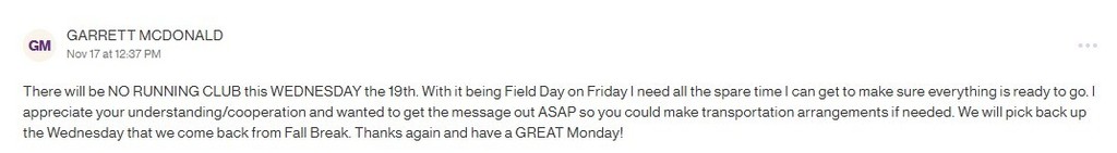 Reminder: No Running Club Today 11/19/25