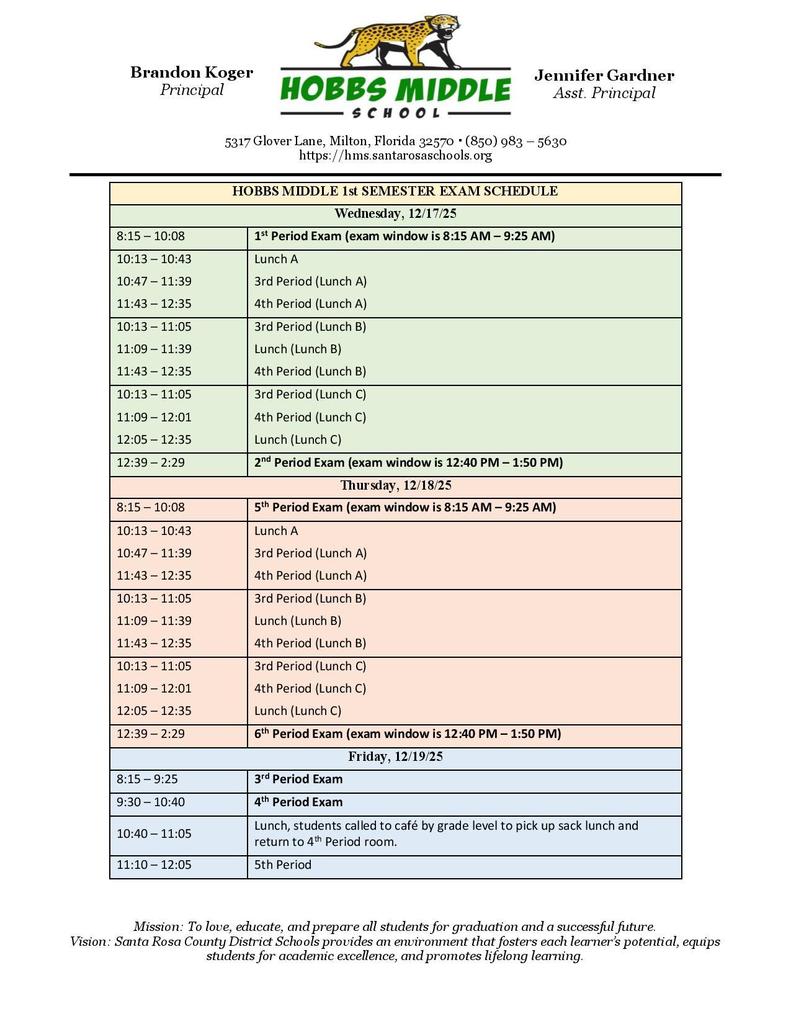 semester exam schedule