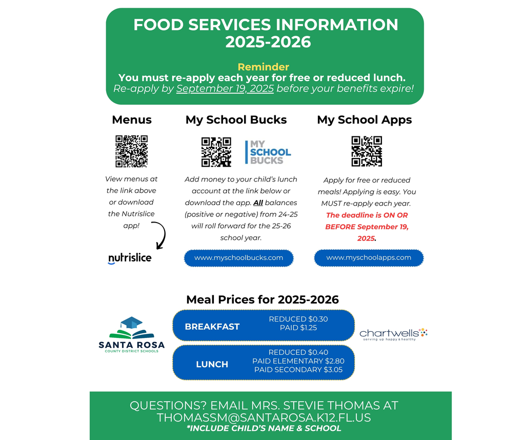Information on menus, my school bucks and free and reduced application link.