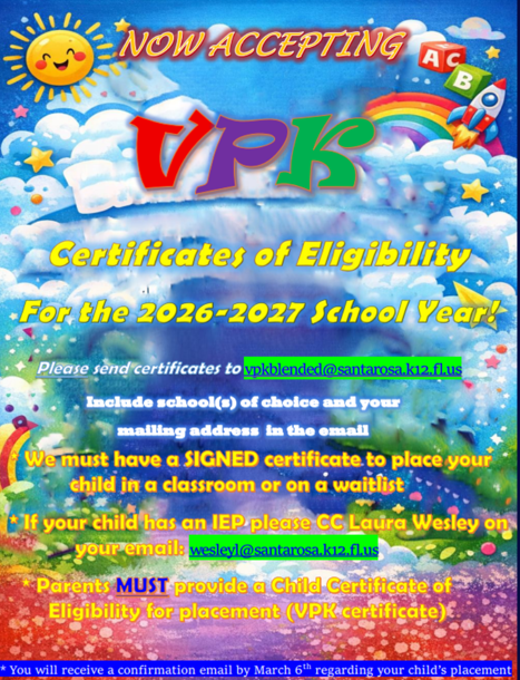 Now Accepting VPK Certificates of Eligibility for 2026-2027