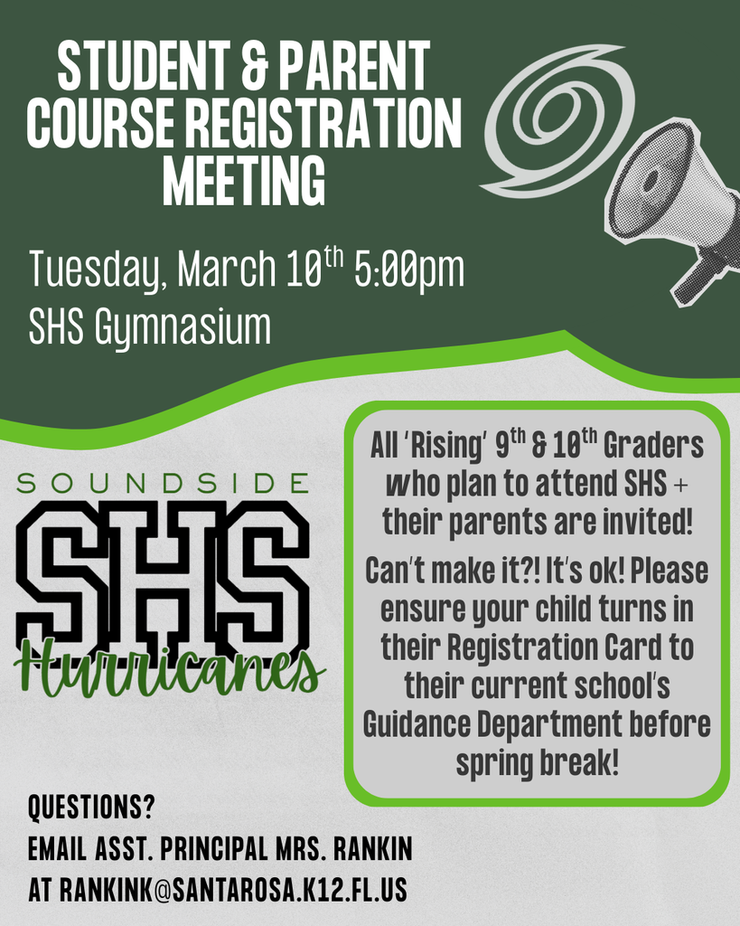 Student & Parent Course Registration meeting. Tuesday March 10th at 5:00pm in the SHS gymnasium.