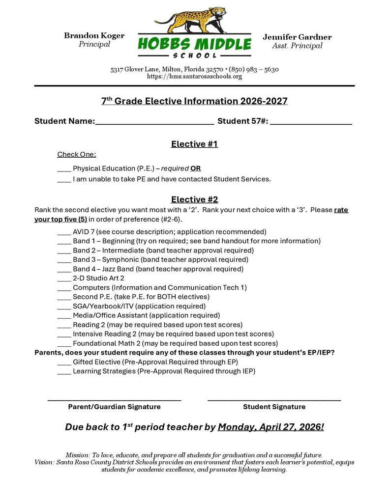 7th and 8th grade elective selection cards