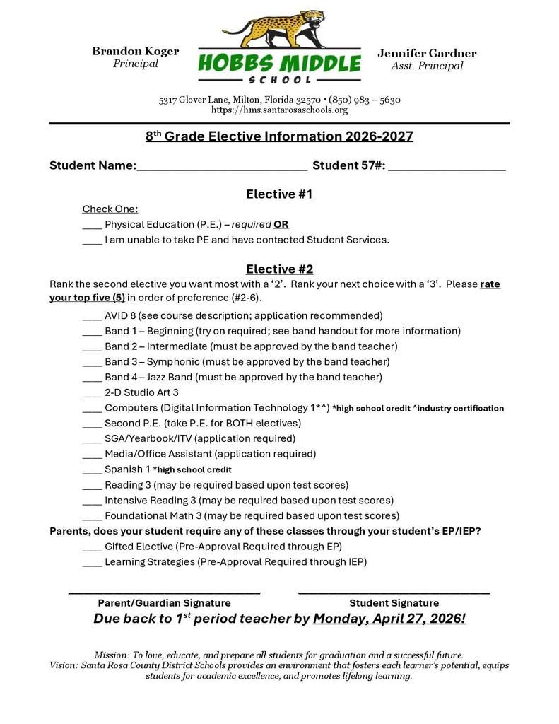 7th and 8th grade elective selection cards