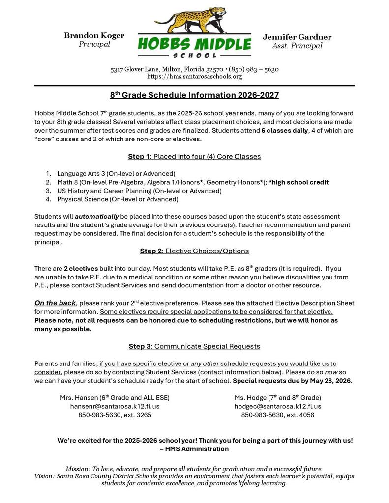 7th and 8th grade elective selection cards