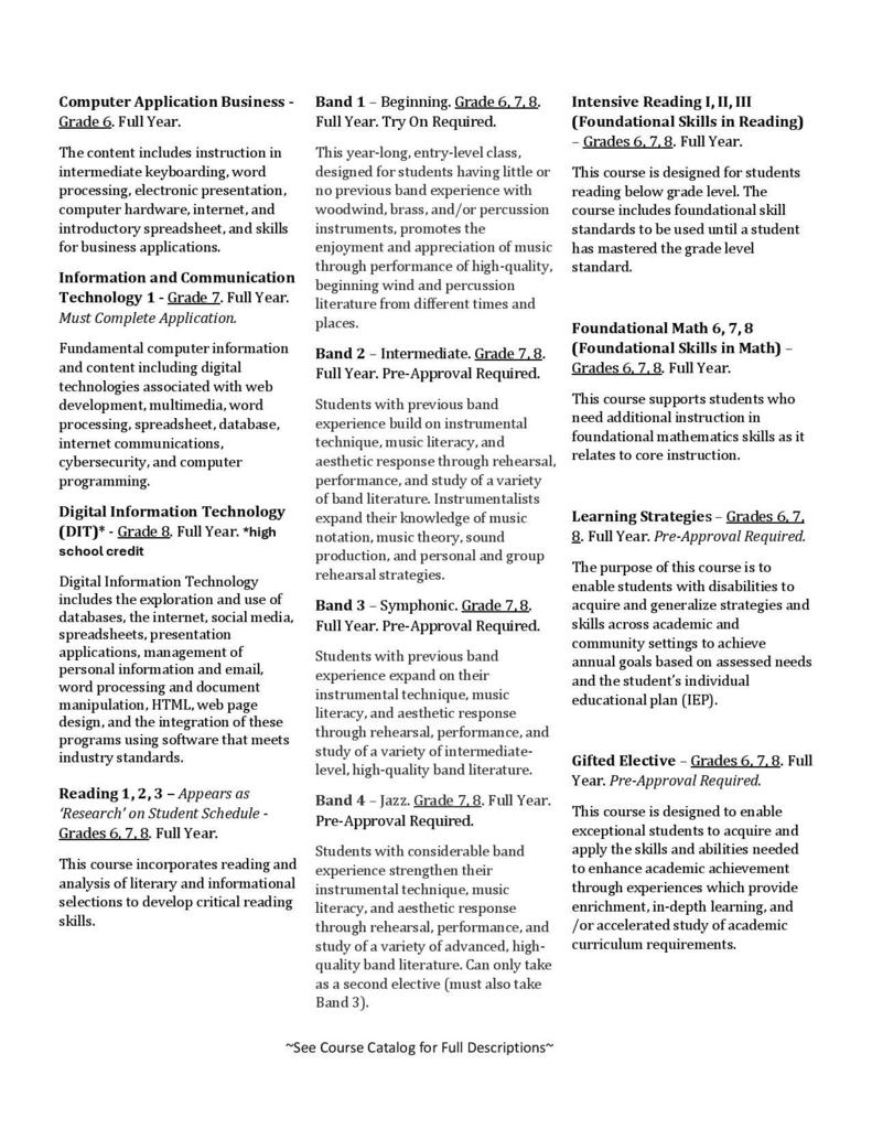 7th and 8th grade elective selection cards