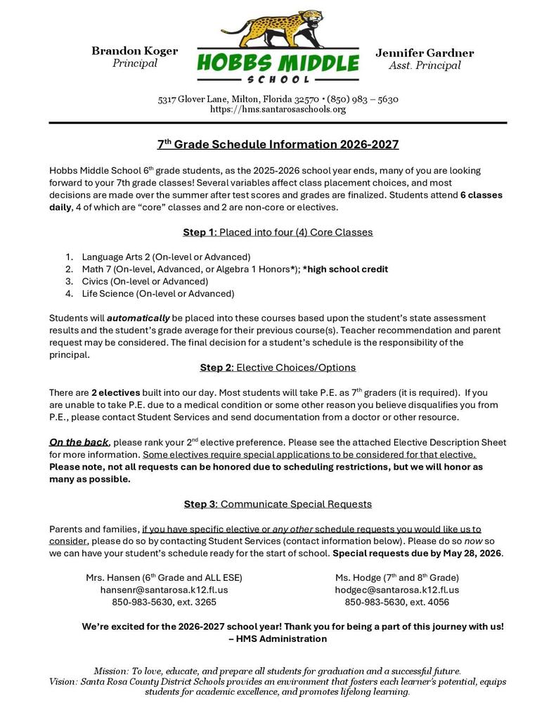 7th and 8th grade elective selection cards