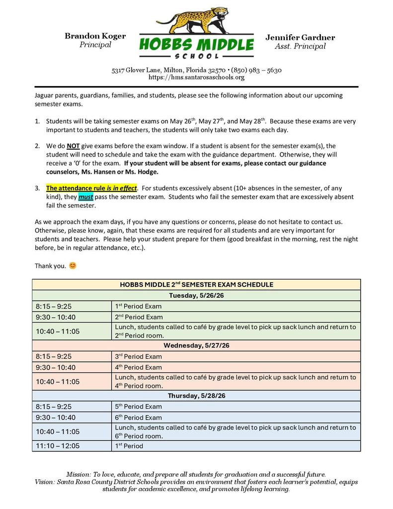 hobbs middle semester exam schedule