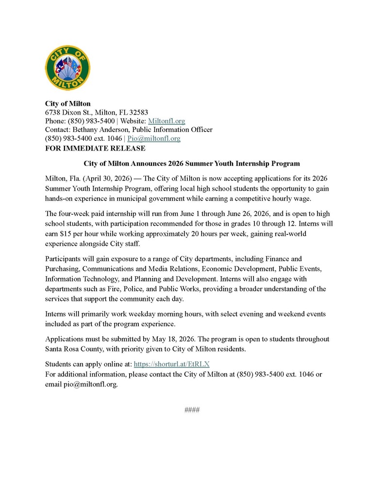 City of Milton Announces 2026 Summer Youth Internship Program