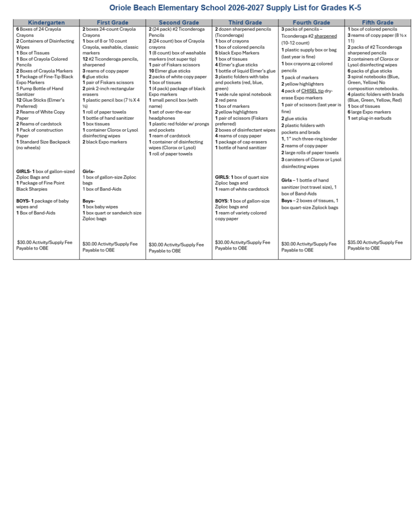 school supply list
