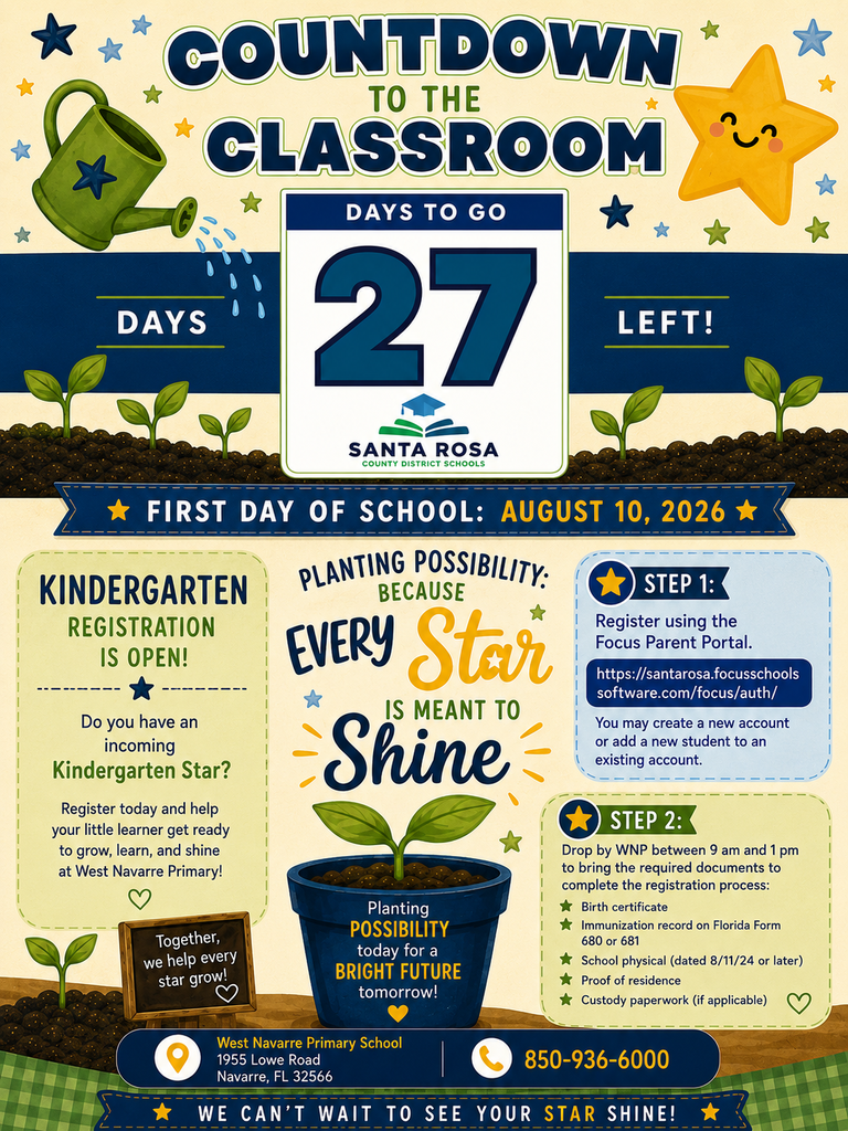27 days until school starts. Register your Kindergartener or new student now. Visit https://santarosa.focusschoolsoftware.com/focus/auth/