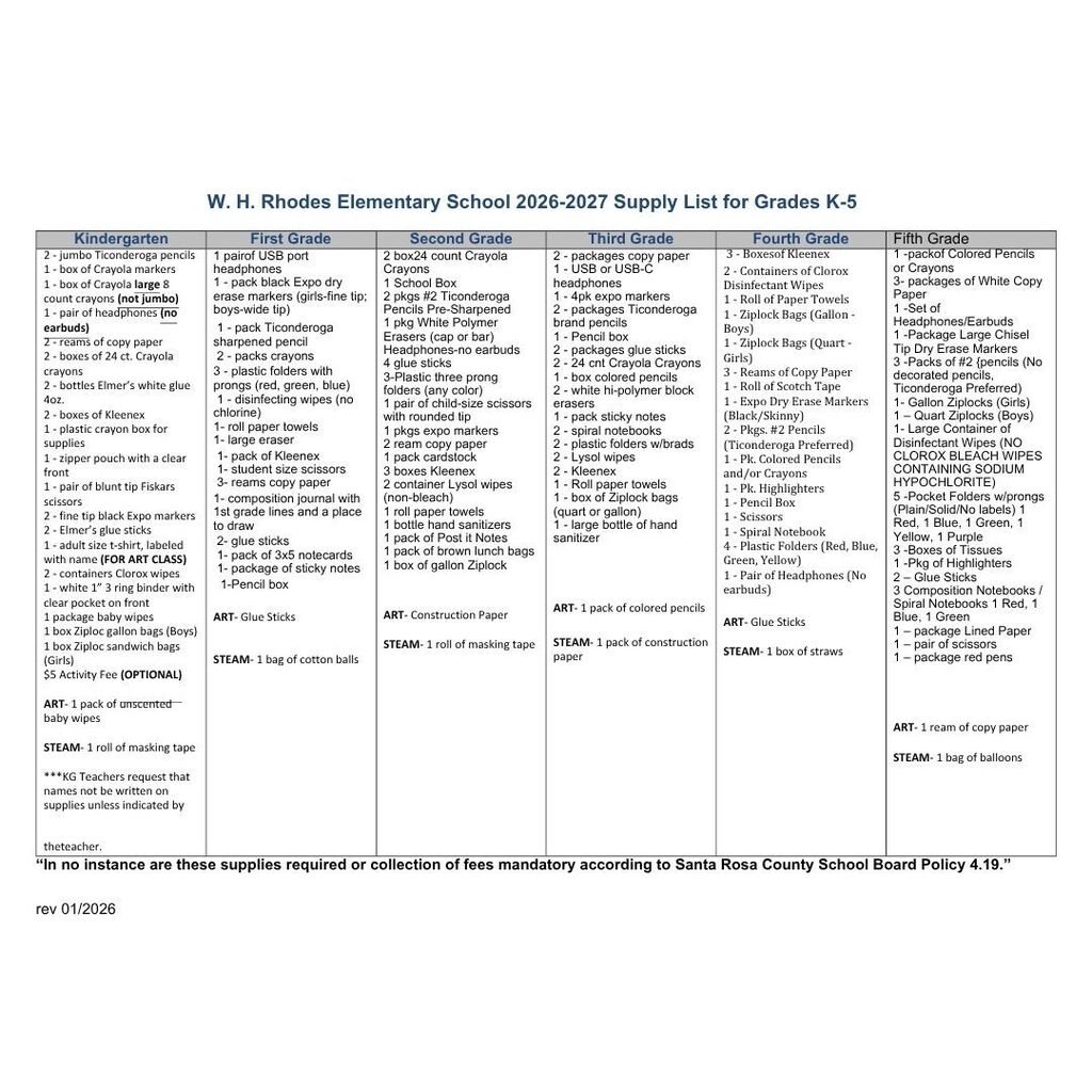 Rhodes Elementary School Supply List 2026-27