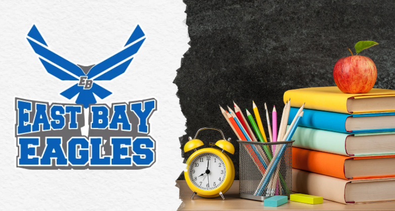 Alt text: East Bay K-8 back-to-school graphic featuring the East Bay Eagles logo on the left. On the right are stacked colorful books topped with an apple, a cup of colored pencils, a yellow alarm clock, and school supplies against a black-and-white background.