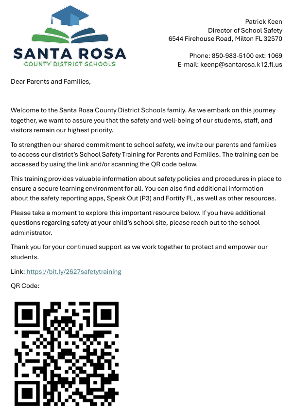 white background black font blue green district logo qr code to school safety video for parents