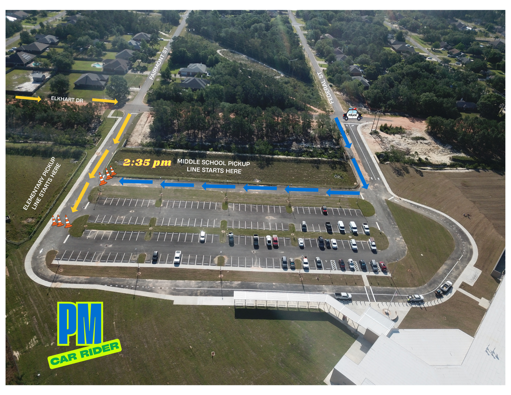 An aerial photograph of East Bay K-8 showing the afternoon car rider traffic pattern. Yellow arrows indicate the elementary pick-up route entering from Codell Street and Fairmont Street. Blue arrows indicate the middle school pick-up route entering from Federal Street, turning right, and lining up beginning at 2:35 p.m. The map clearly identifies where each line forms and how traffic flows through campus for dismissal.