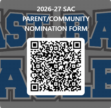 East Bay K-8 graphic announcing the 2026–27 SAC Parent and Community Member Nomination Form. A large QR code appears in the center of the graphic for accessing the nomination form.