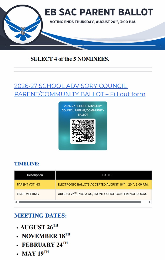 East Bay SAC Parent Ballot is open. Parents should select 4 of 5 nominees. Electronic voting closes Thursday, August 20 at 3:00 p.m.