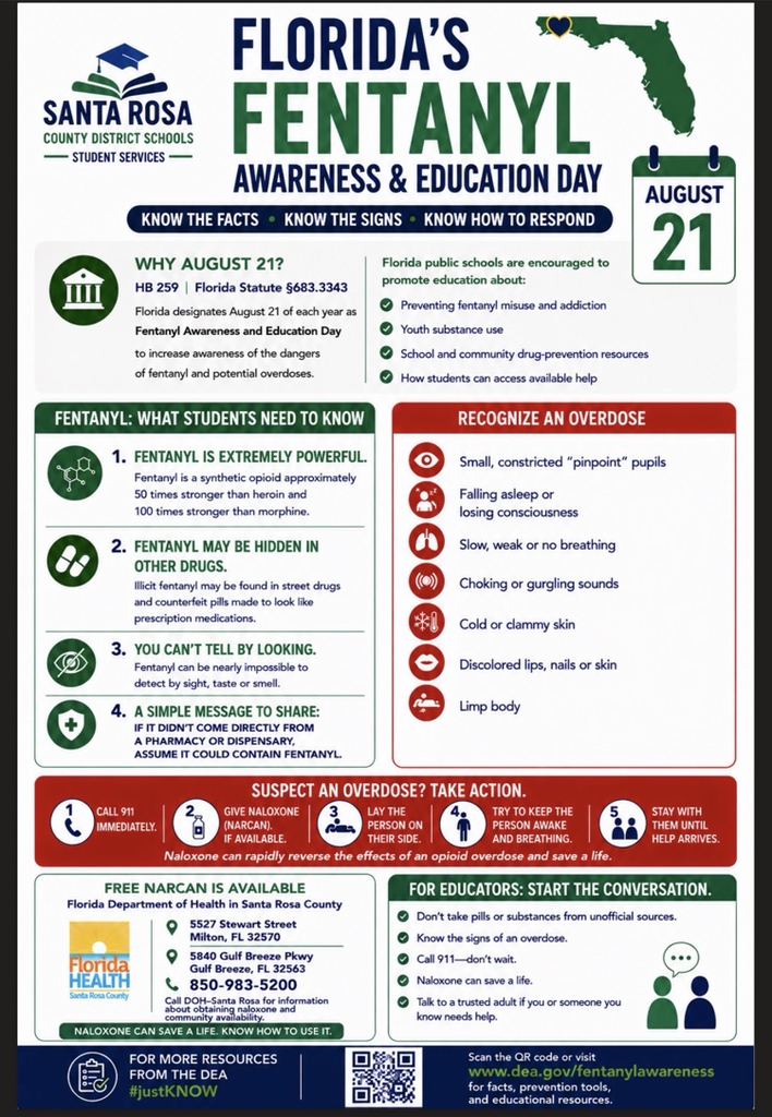 Fentanyl Awareness and Education Day graphic with fentanyl facts, overdose warning signs, emergency response steps, and Santa Rosa County naloxone resources.
