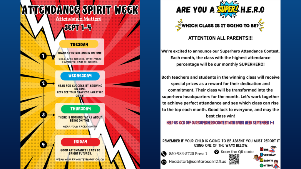 Attendance Spirit Week Graphic Flyer and Super Hero information flyer