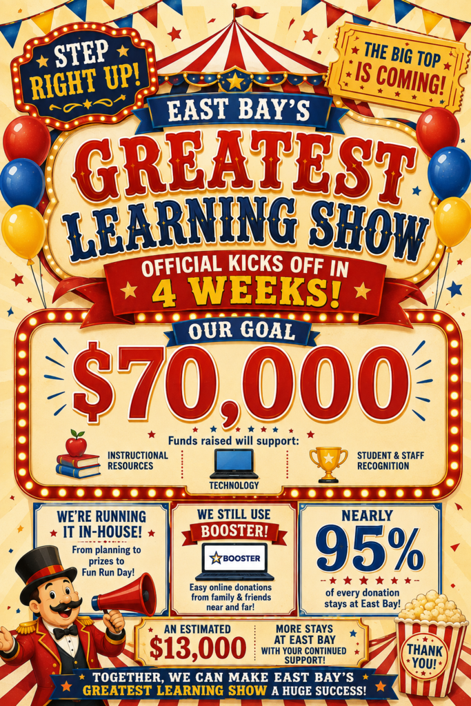 ircus-themed East Bay fundraiser graphic announces a $70,000 goal supporting instructional resources, technology, and recognition, with nearly 95% of donations staying at East Bay.