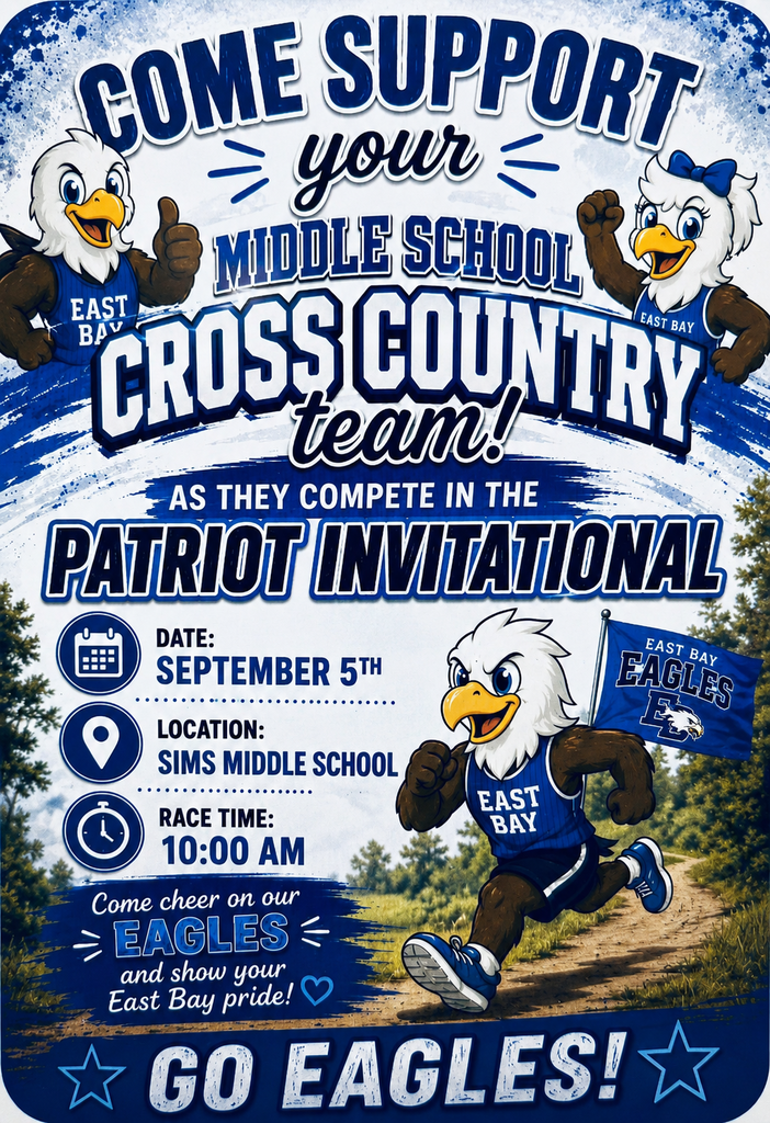 East Bay Middle School Cross Country competes at the Patriot Invitational September 5 at Sims Middle School. Race begins at 10:00 a.m.