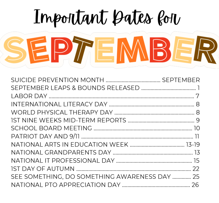 September East Bay K-8 important dates graphic listing school events, observances, mid-term reports, and monthly awareness dates.