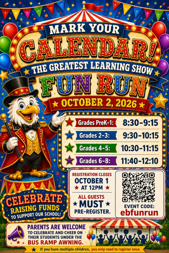 East Bay’s Greatest Learning Show Fun Run is October 2. Families may attend but must pre-register by noon October 1. Grade-level run times are listed.