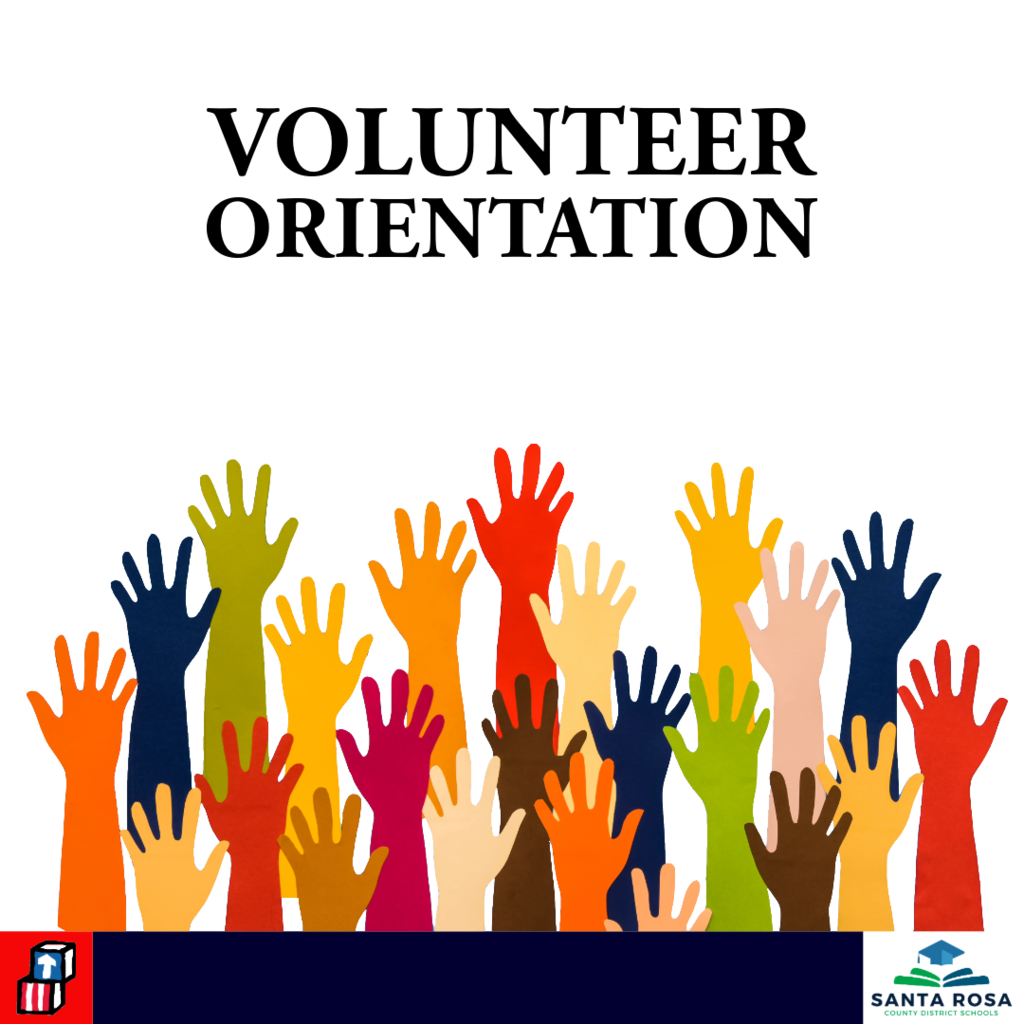 volunteer orientation graphic with multiple multi colored hands raised