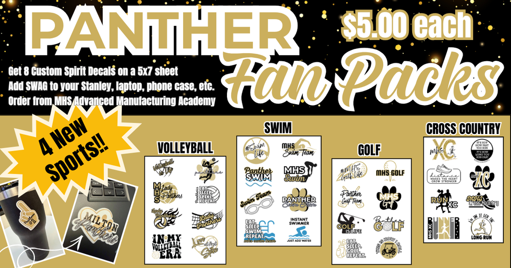 Panther Fan Packs of Decals for Volleyball, Swim, Golf & Cross Country