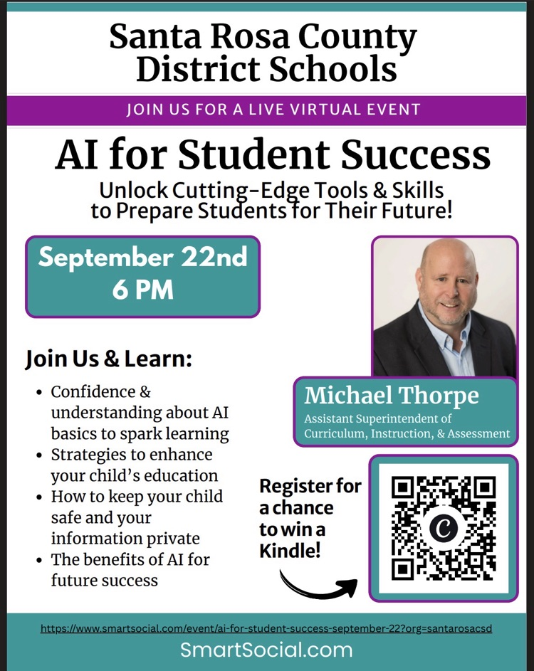 Santa Rosa County District Schools hosts AI for Student Success September 22 at 6 p.m., covering AI basics, safety, education strategies, and future skills.