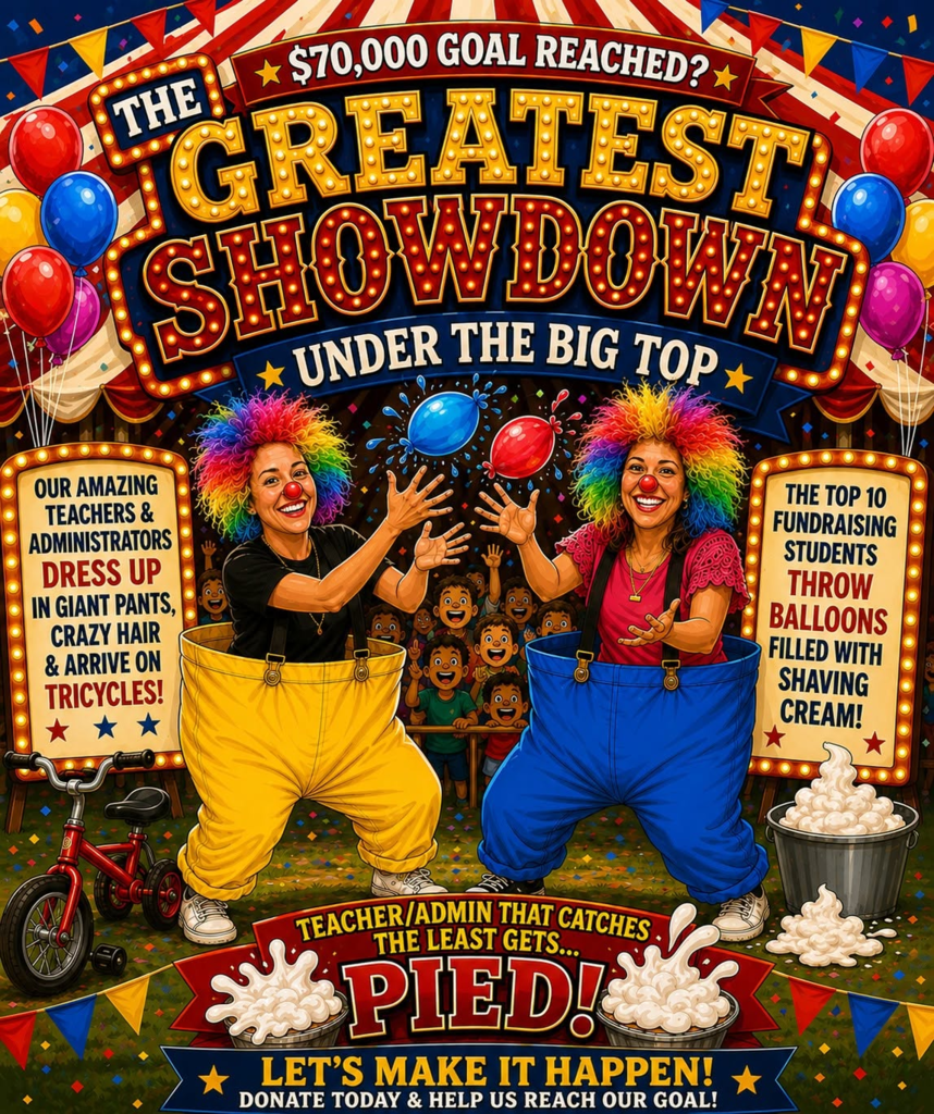 Ad for Boosterthon with 2 clowns dressing up to support 70k goal