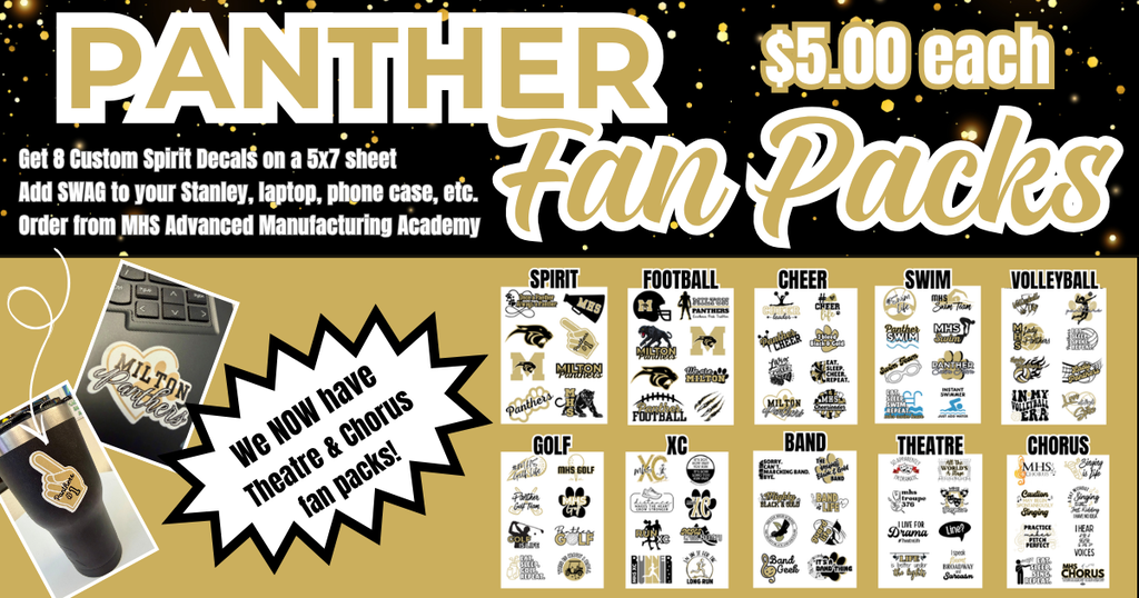 Panther Fan Packs for $5.00 for spirit, football, cheer, swim, volleyball, golf, cross country, band, theatre, and chorus.