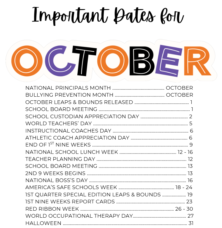 East Bay October calendar highlights school events, recognition days, end of first nine weeks, report cards, Red Ribbon Week, and Halloween.