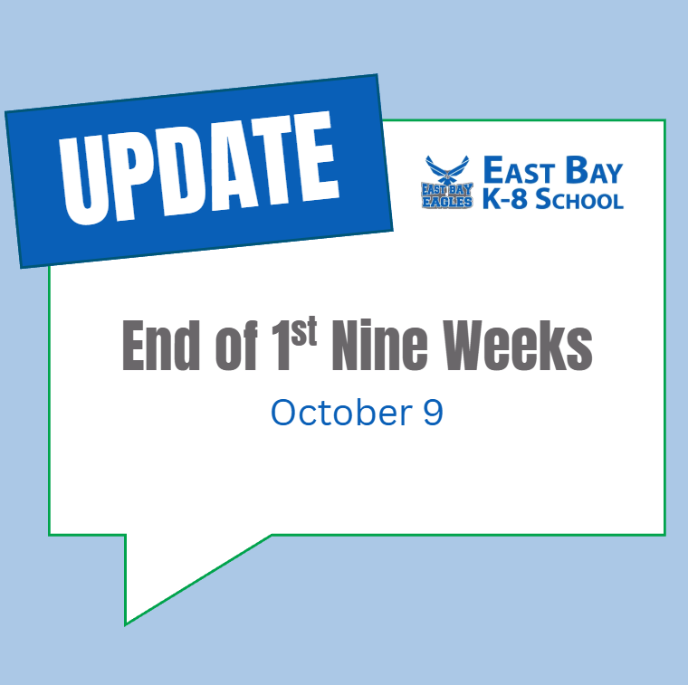 East Bay K-8 reminds families that the first nine weeks ends October 9 and encourages them to review student progress and outstanding work. Would you like this announcement to sound more urgent or more reassuring?