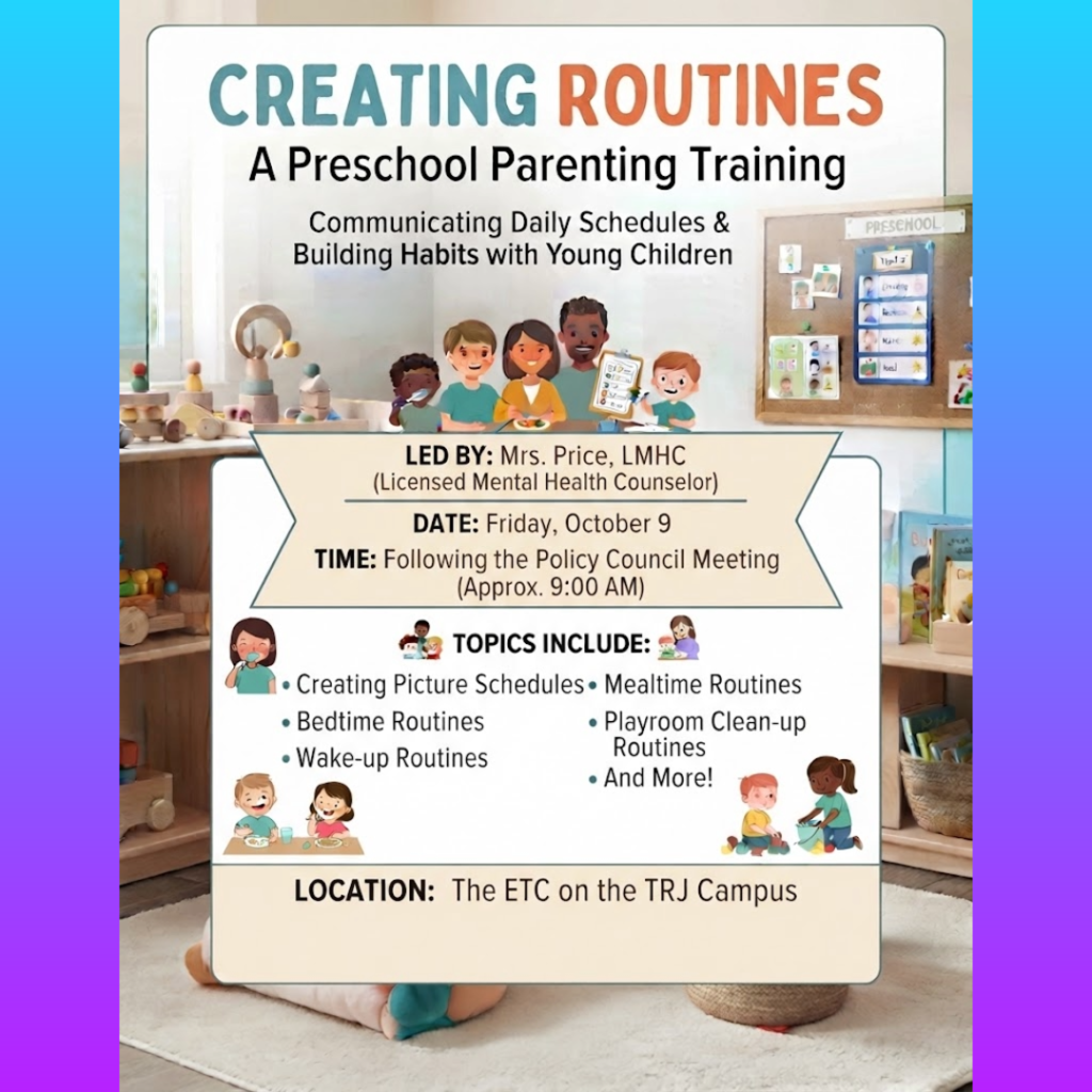 flyer for a parent training at TRJ October 9 at 9 a.m.