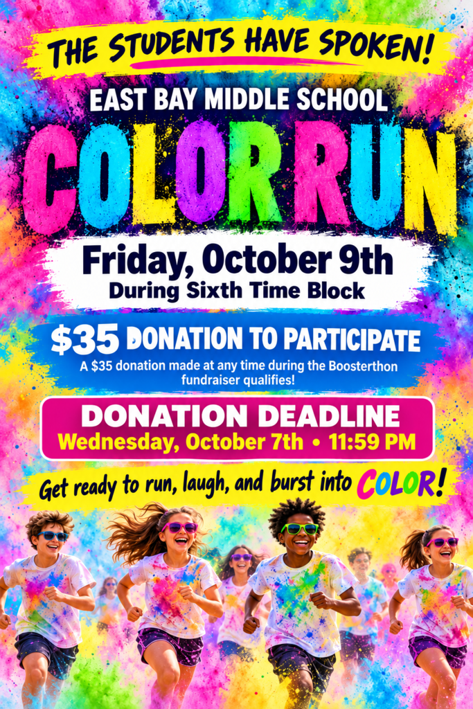 Poster image explaining that middle school students will now be doing a color run!