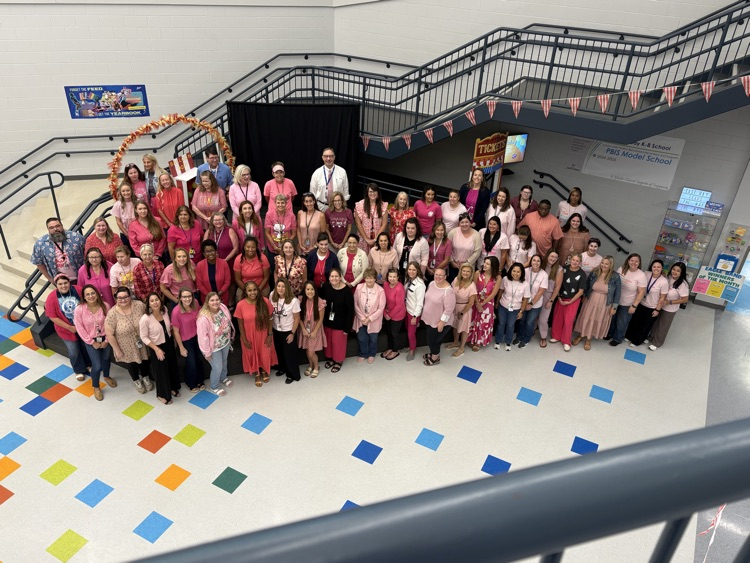 East Bay K-8 celebrates Mrs. Mosley during National Principals Month alongside a group photo of East Bay staff gathered together at school.