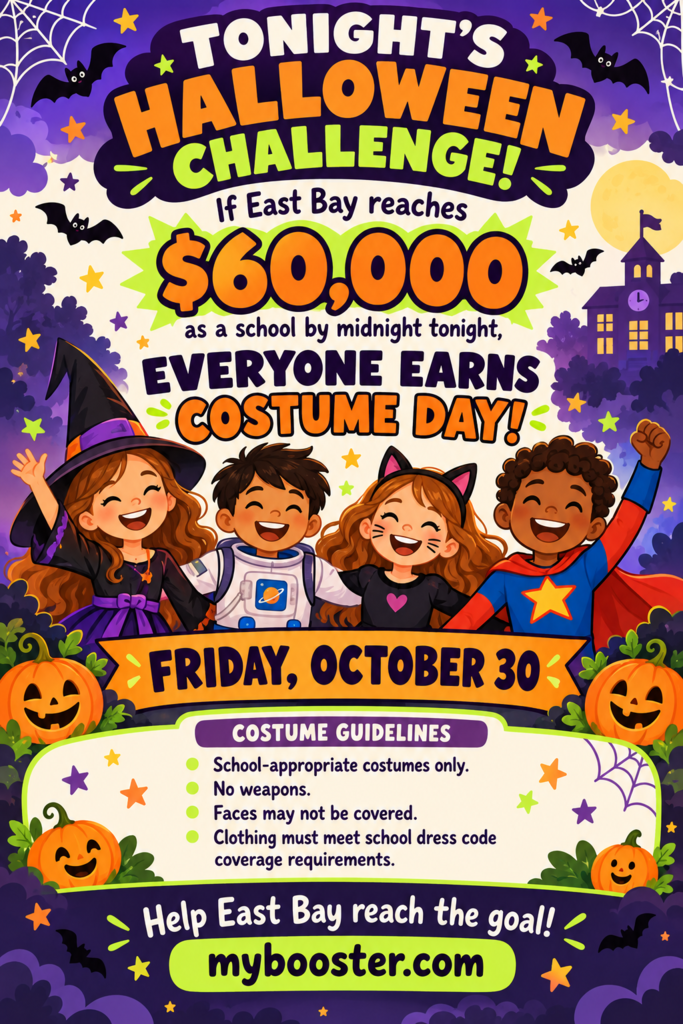 Graphic showing 4 children in costumes, announcement of the costume challange
