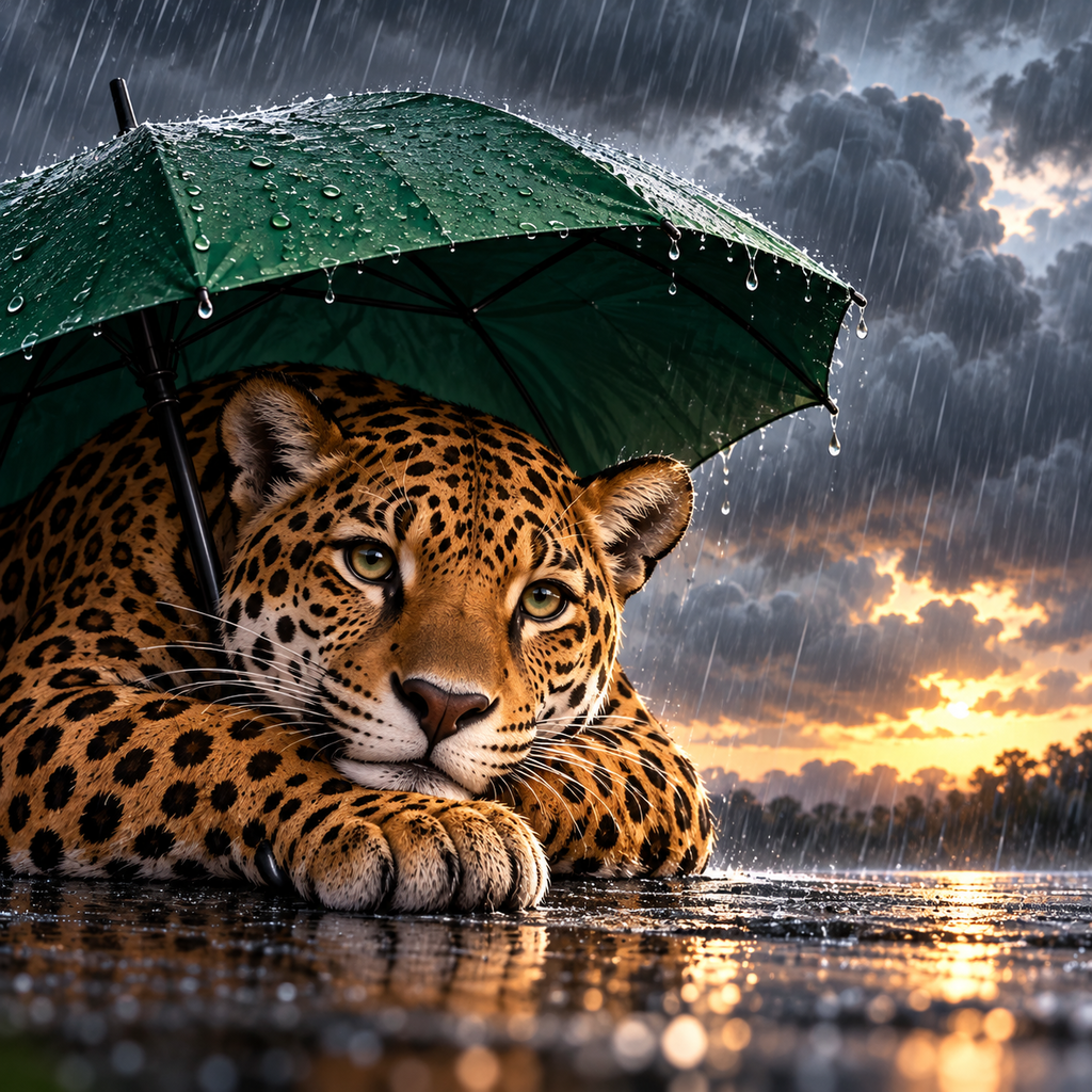 jaguar beneath rainy umbrella