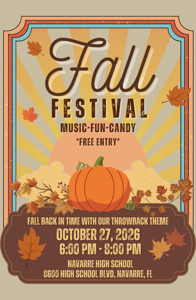 Retro-style Navarre High School Fall Festival flyer with pumpkins and autumn leaves. Event is October 27 from 6–8 p.m. with free admission.
