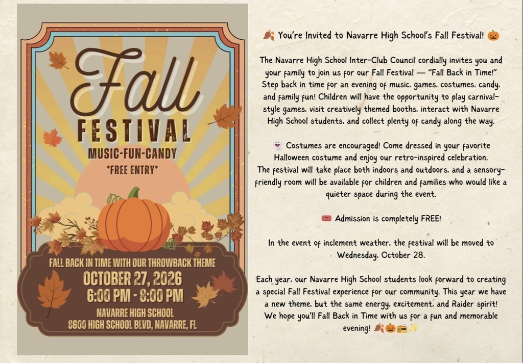 Retro-style Navarre High School Fall Festival flyer with pumpkins and autumn leaves. Event is October 27 from 6–8 p.m. with free admission.