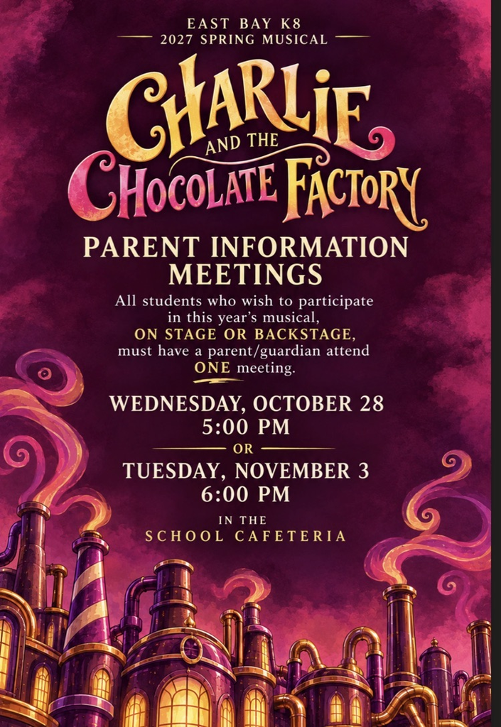 Purple and gold Charlie and the Chocolate Factory musical flyer announcing parent meetings October 28 at 5 p.m. or November 3 at 6 p.m. in the cafeteria.