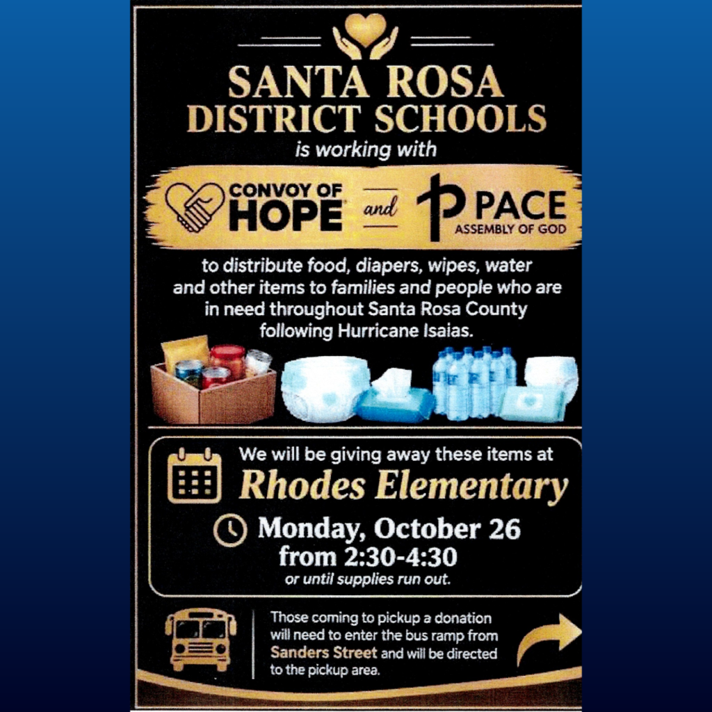 graphic flyer for a food and supply distribution in Milton Monday October 26