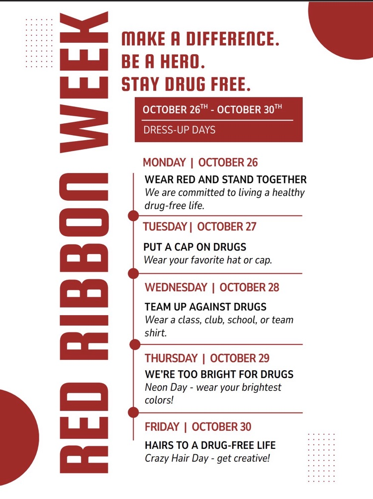 Red and white Red Ribbon Week flyer listing five dress-up themes for October 26–30, including red clothing, hats, team shirts, neon colors, and crazy hair.