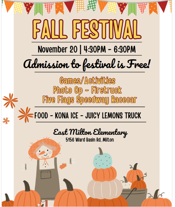 Fall Festival poster with picture of a scarecrow and pumpkins.