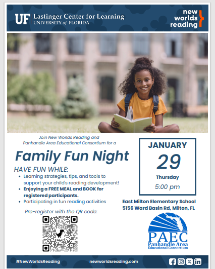 Picture of UF  New Worlds Reading registration flyer with QR Code