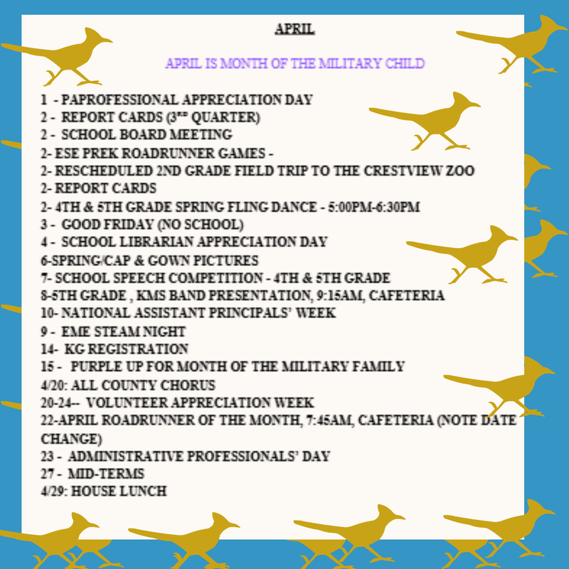 April Important Dates Flyer with dates and yellow roadrunners