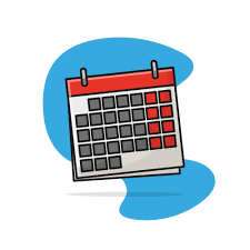 Illustrated calendar with several dates highlighted in red, set against a blue abstract background.