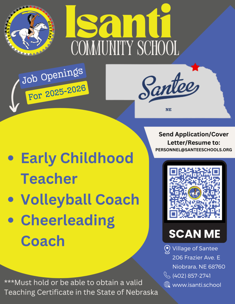 Job openings at Isanti Community School for 2025–2026: Early Childhood Teacher, Volleyball Coach, Cheer Coach. Send application/cover letter/resume to personnel@santeeschools.org. 