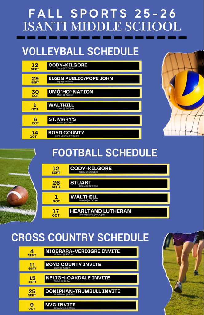 Middle School Football, Volleyball, and Cross Country schedules. 